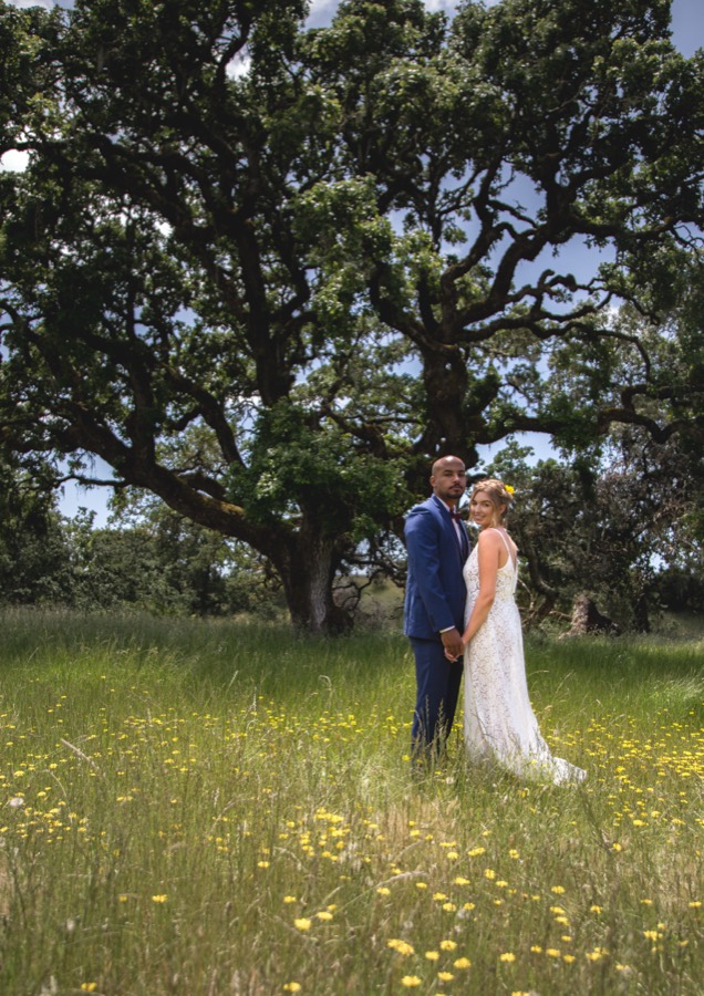 Wedding couple beneath a great oak in a wildflower meadow