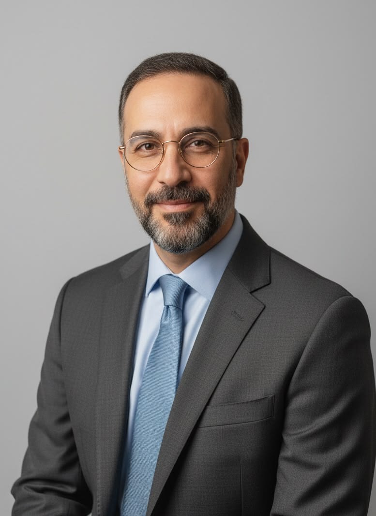 Corporate headshot of a man in a grey suit and glasses