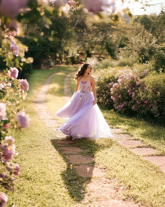 Quinceañera walking a sunlit path in her gown